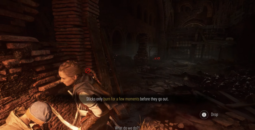 Amicia de Rune crouching by brick wall in ruins