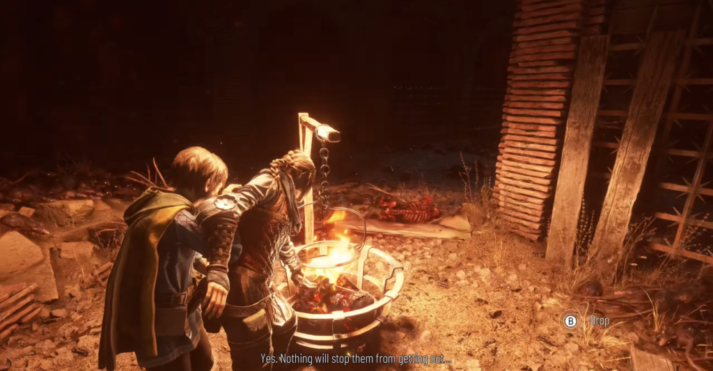 Amicia and Hugo carry torch beside fire pit ruins