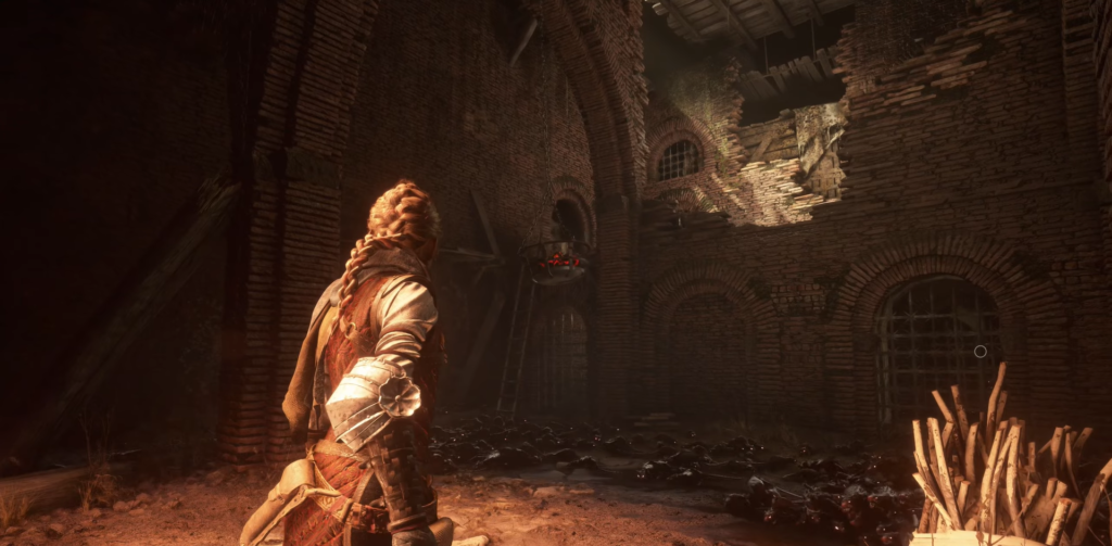 Amicia de Rune stands in brick courtyard, A Plague Tale