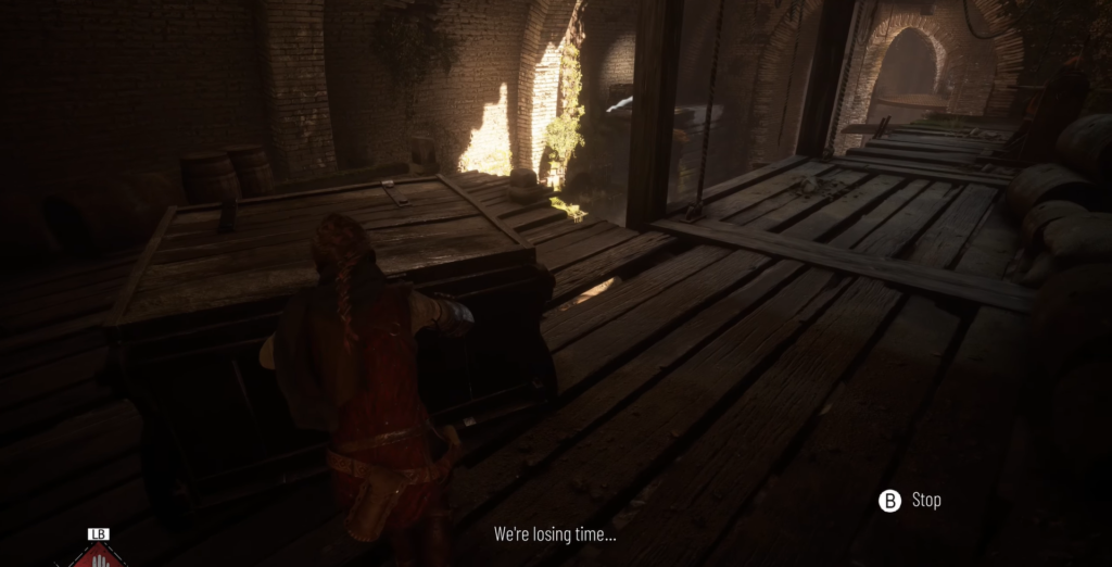 Amicia pushes cart on wooden platform in A Plague Tale