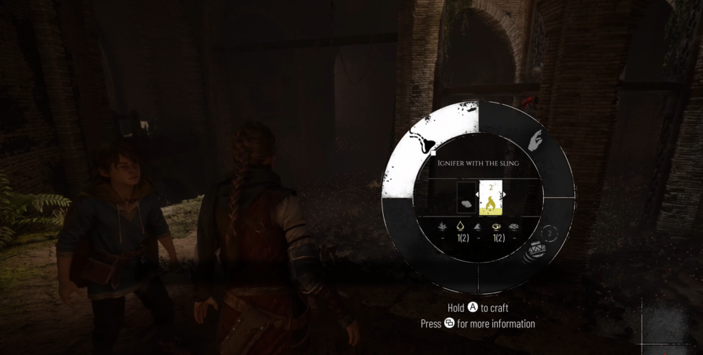 A Plague Tale: Innocence crafting menu in stone corridor