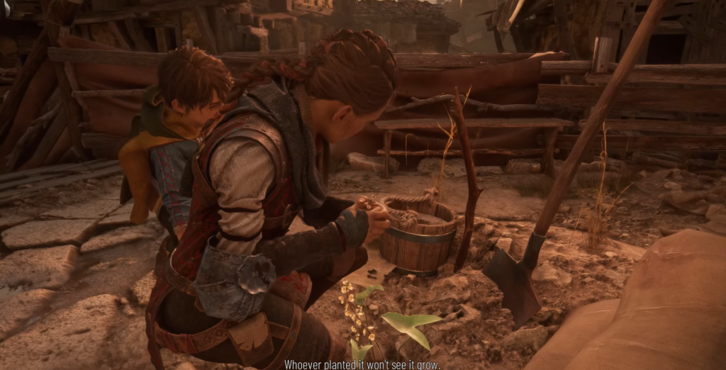 Amicia and Hugo planting seeds in A Plague Tale village