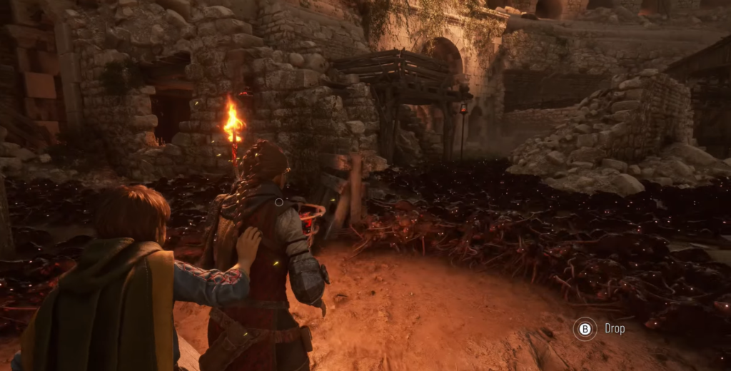 Amicia and Hugo walking through rat swarm in ruins