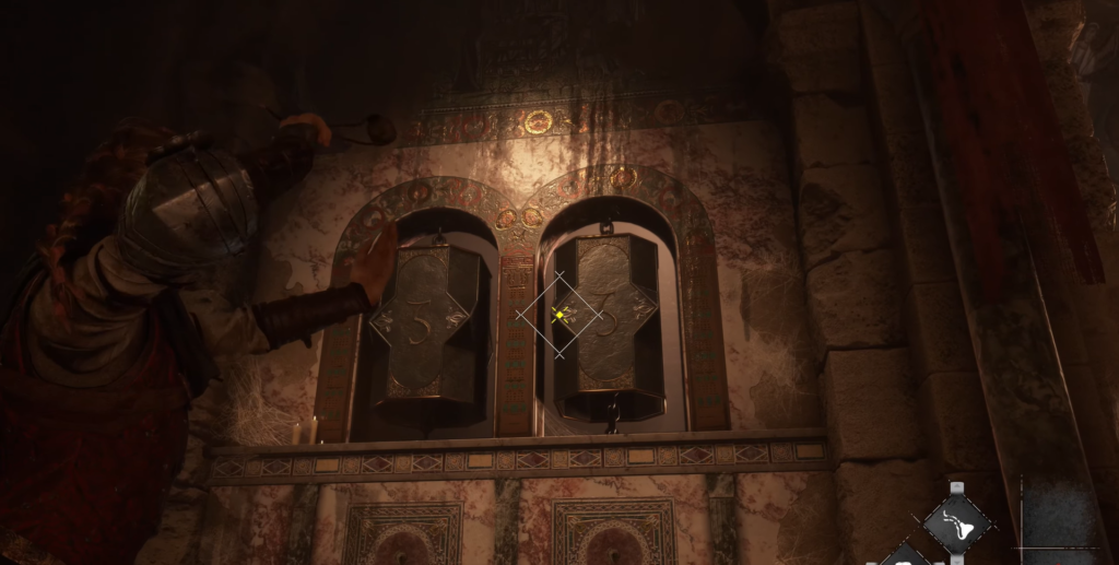 Armored warrior reaching toward hanging bells in stone temple