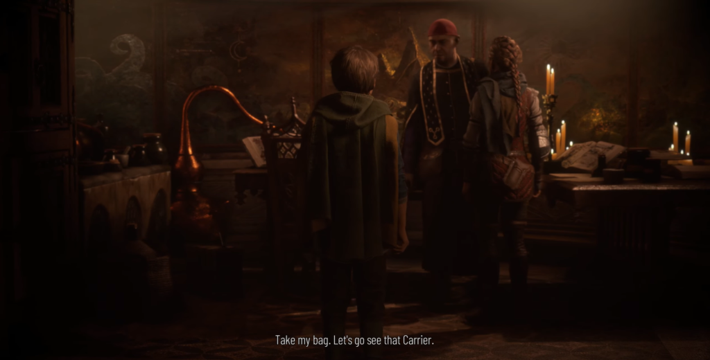 Boy and girl talk to man in candlelit room