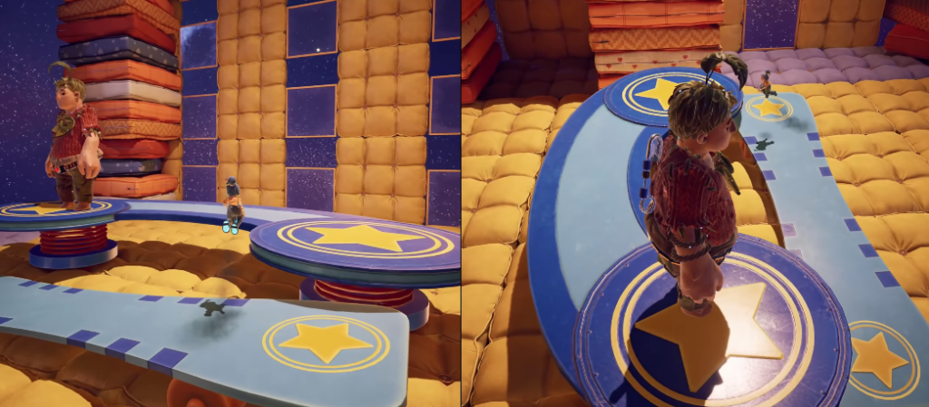 It Takes Two characters standing on star platforms indoors