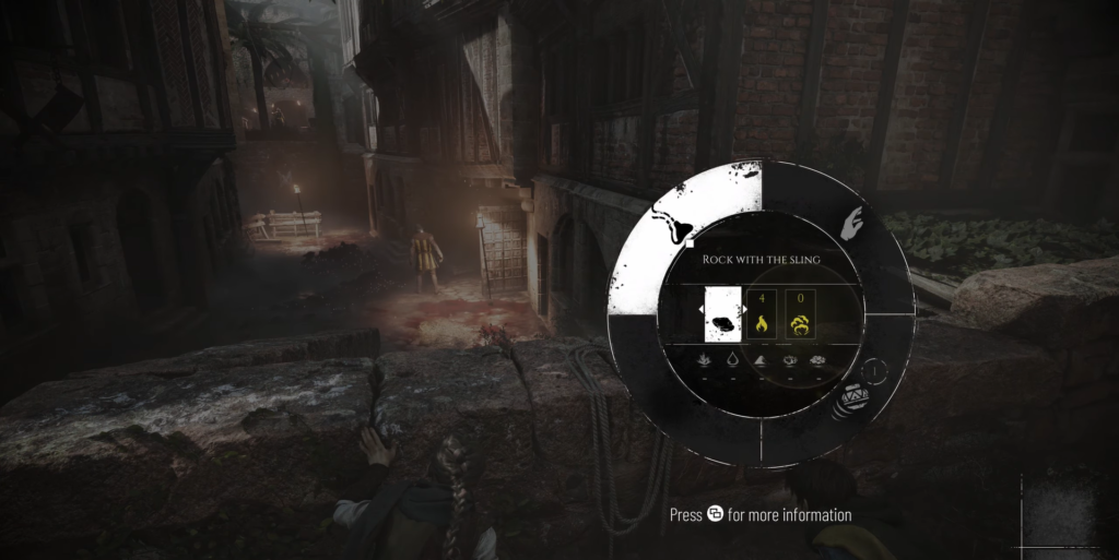 A Plague Tale gameplay, sling selection wheel in alley