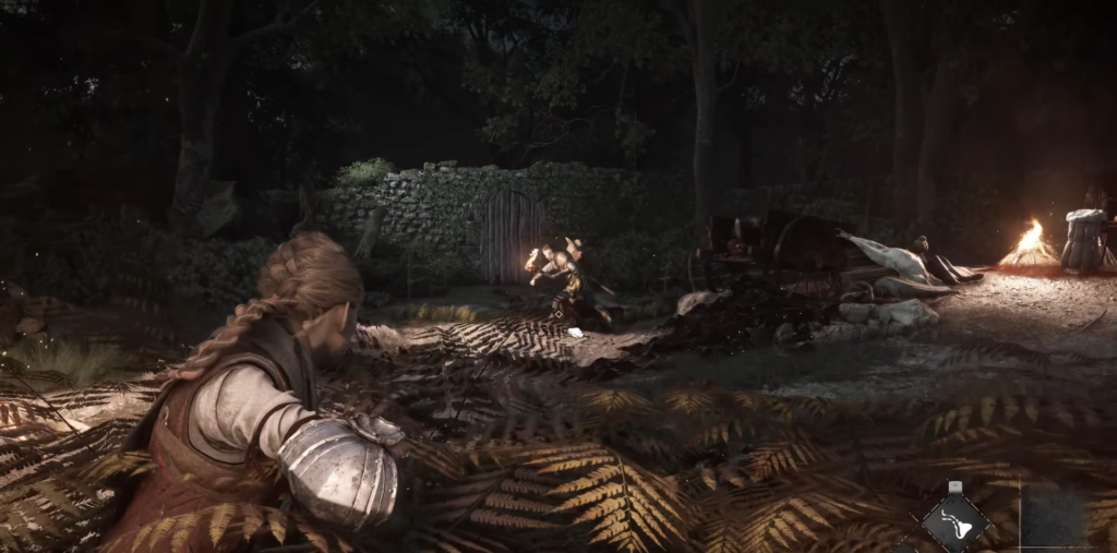 Stealth gameplay in medieval forest camp at night