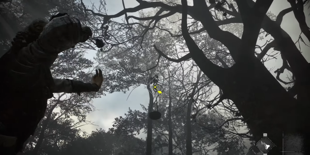 First-person game view throwing rock in forest trees
