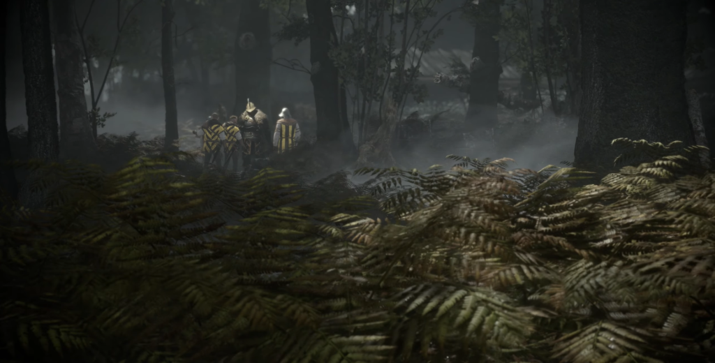 Armored knights in misty forest with ferns