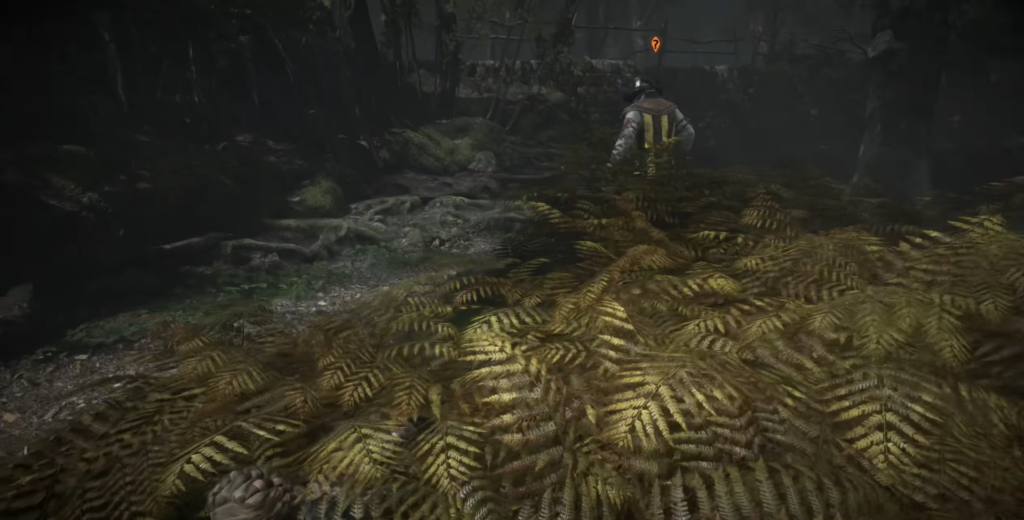 Stealth gameplay in dark forest with enemy alert icon