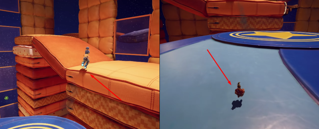 It Takes Two characters standing on stacked mattresses platform