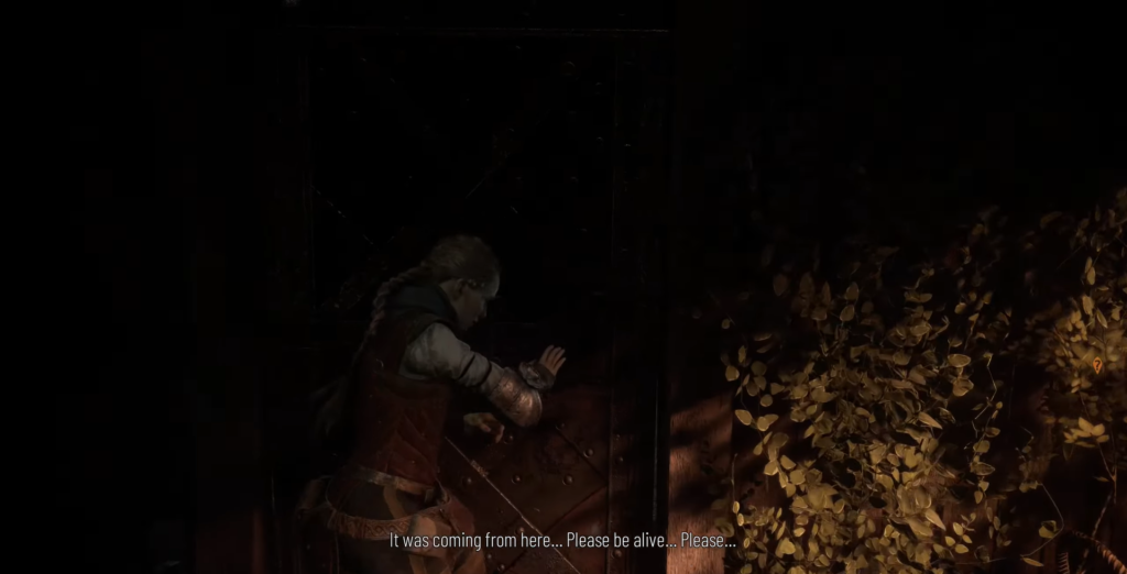 Woman listening at door in dark forest scene