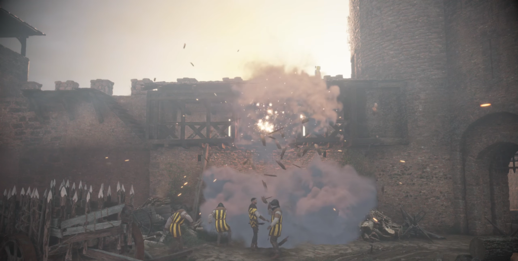 Soldiers watch explosion at stone fortress gate courtyard