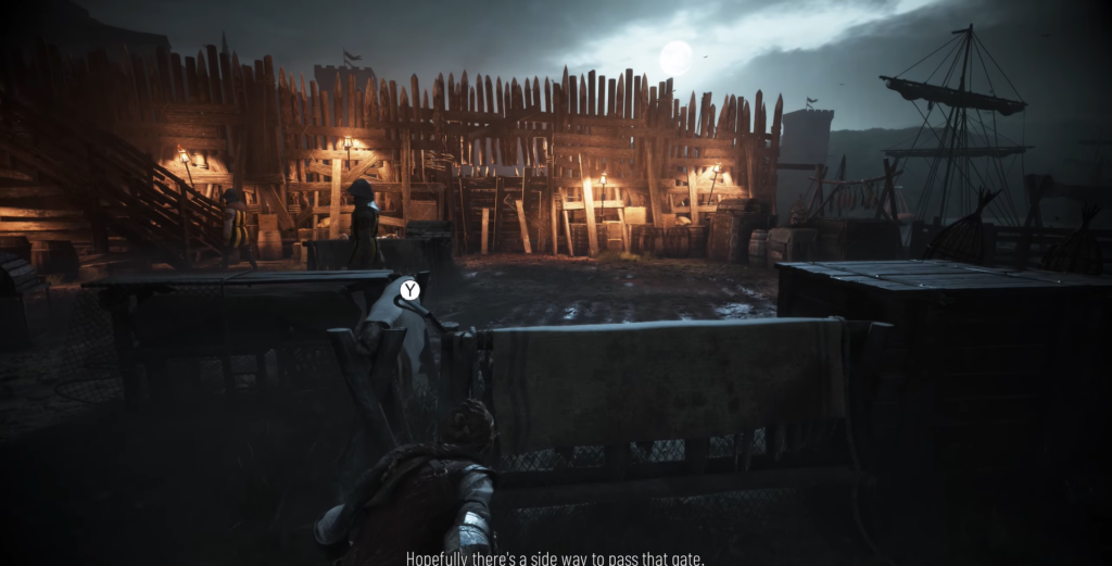 Crouching player character hides behind crates in dockyard camp