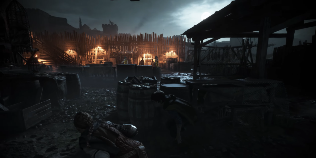 Two people crouch behind barrels in moonlit dockyard