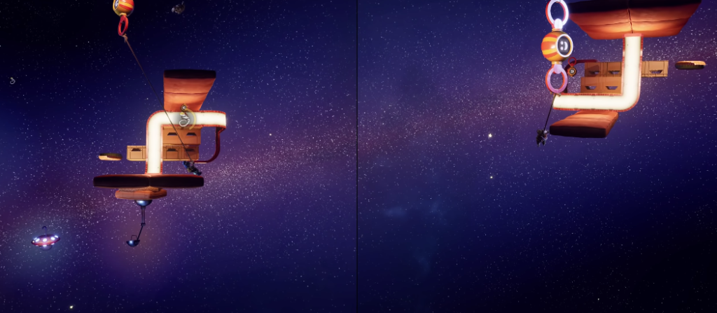 Two players swing on ropes around floating platforms in space