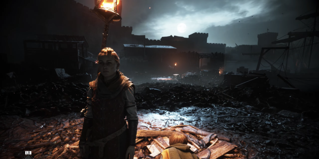 Amicia stands in ruined battlefield near burning torch at night