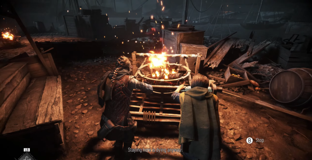 Amicia and Hugo push burning cart in harbor ruins