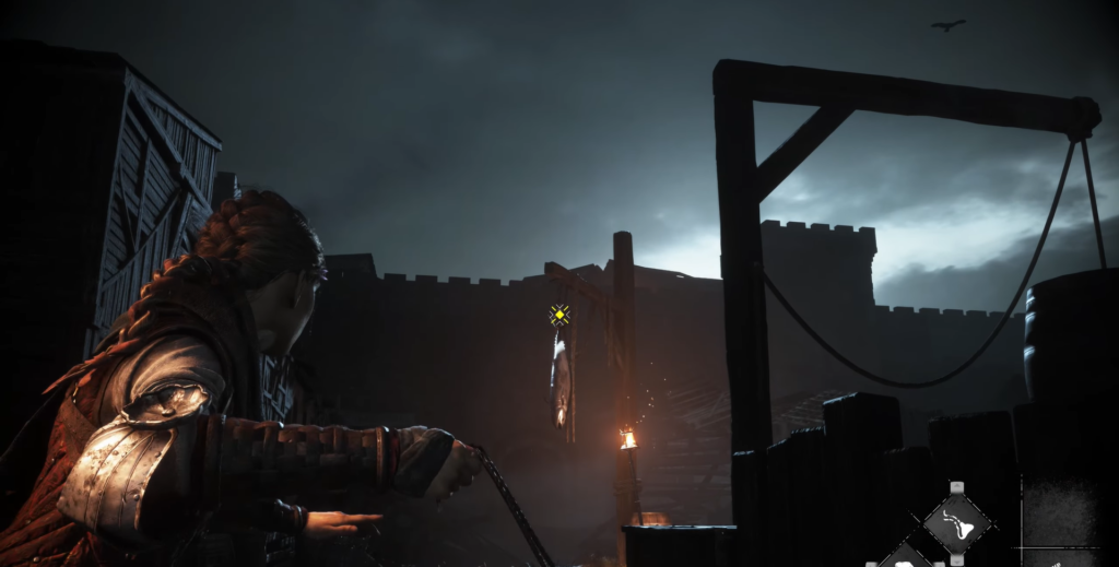 Woman aiming sling at hanging body in fortress courtyard