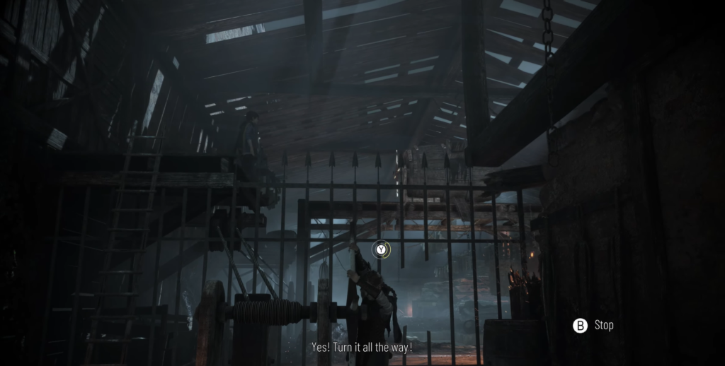 Lara Croft turns winch inside dark wooden shack