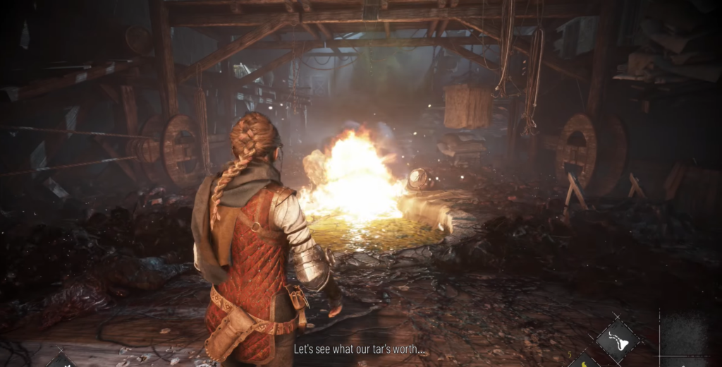 Amicia de Rune watches fire in barn, A Plague Tale