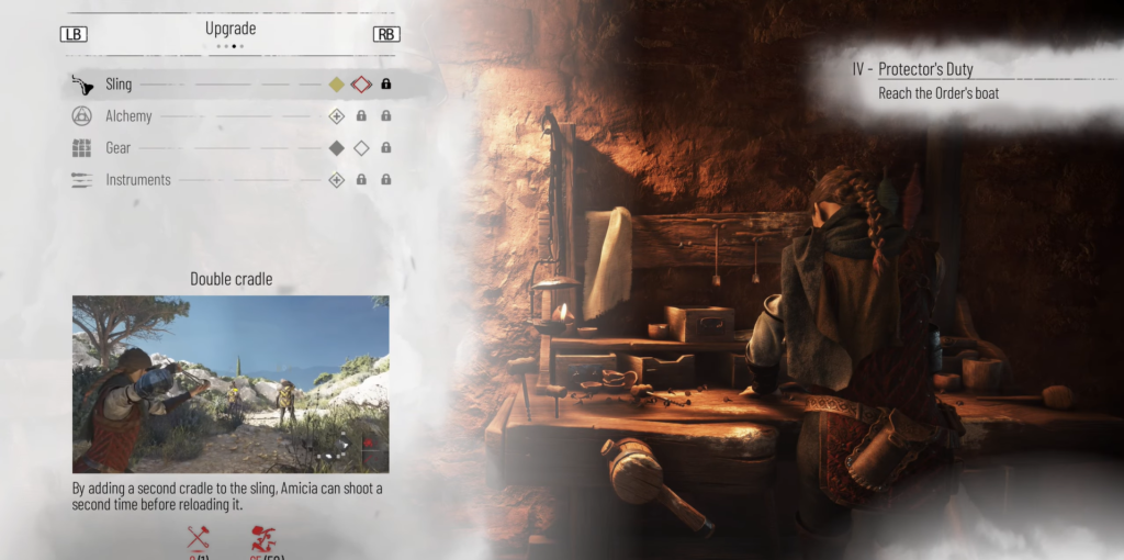 Amicia upgrades sling at workbench in A Plague Tale