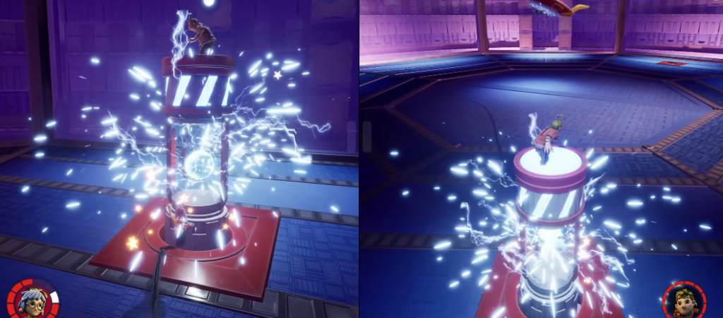 Two game characters on electrified tower in arena