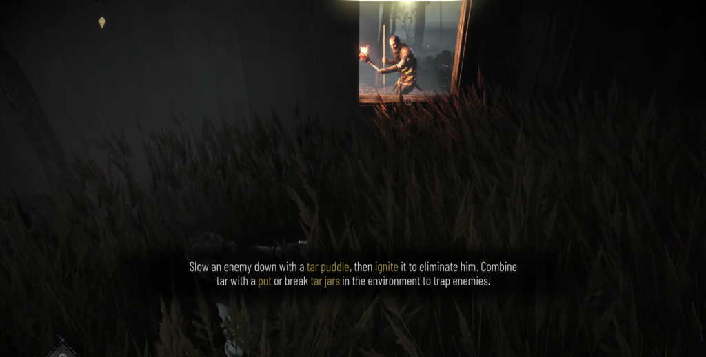 Torch-bearing enemy stands in doorway above tall grass