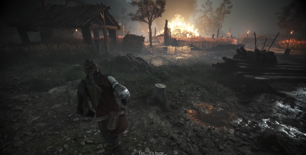 Amicia runs through burning village in A Plague Tale