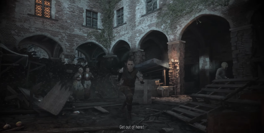 Amicia runs through courtyard in A Plague Tale: Innocence