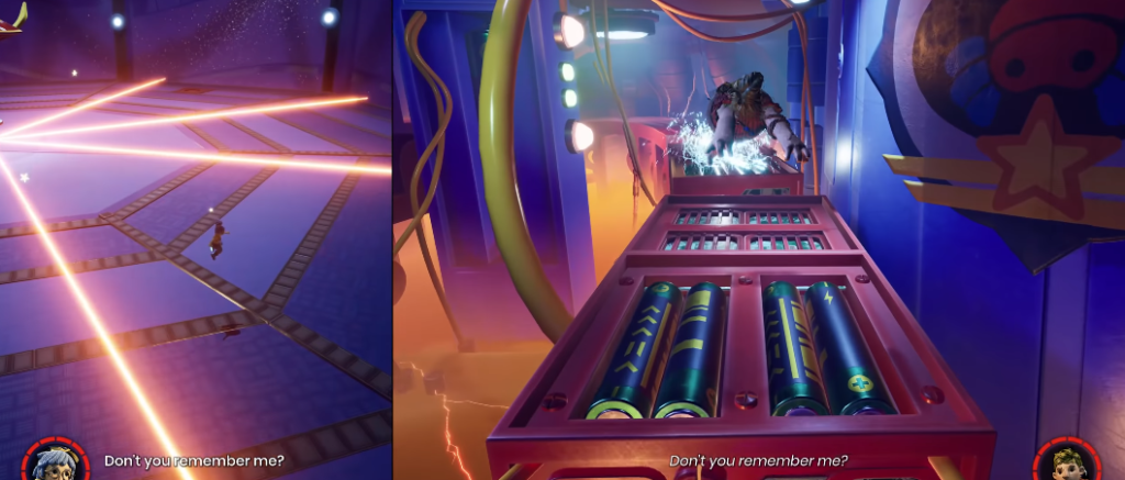 It Takes Two characters dodge lasers and jump platforming level
