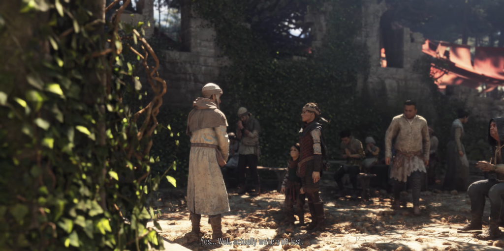 Aloy Horizon conversing with NPC in sunlit courtyard.