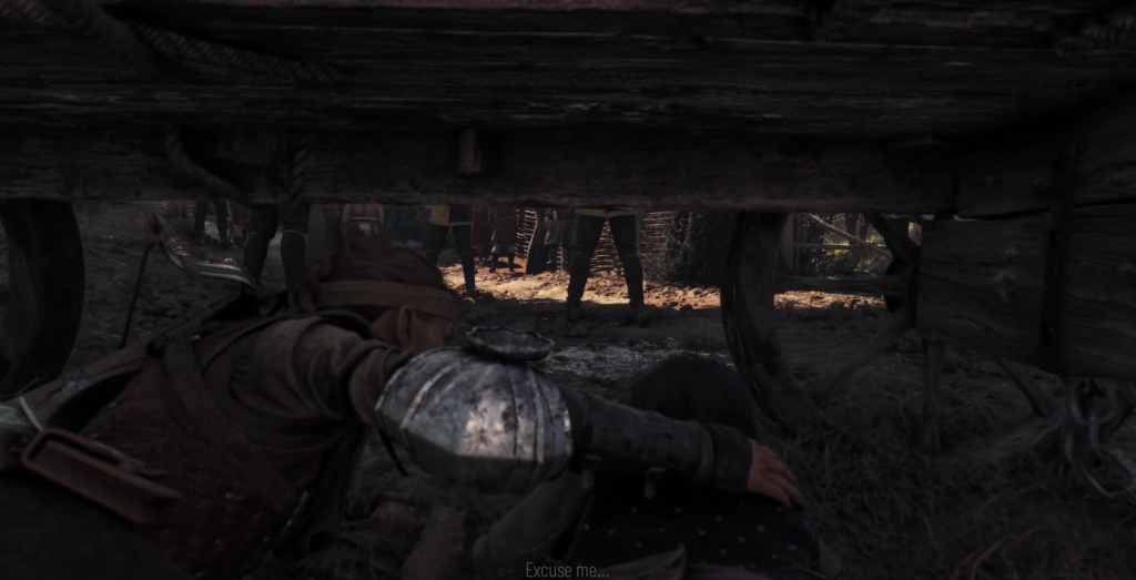 Arthur Morgan hiding under wagon, Red Dead Redemption 2.