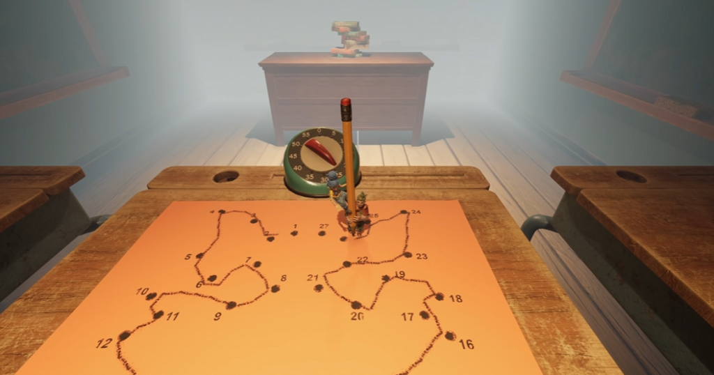 Pencil stands on connect-the-dots paper in classroom