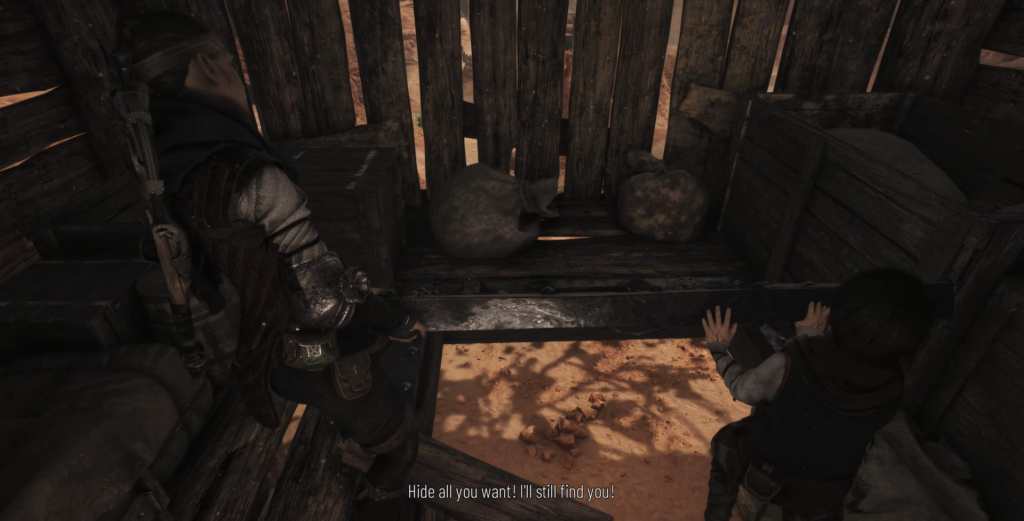 Amicia and Hugo hiding in wooden shed.