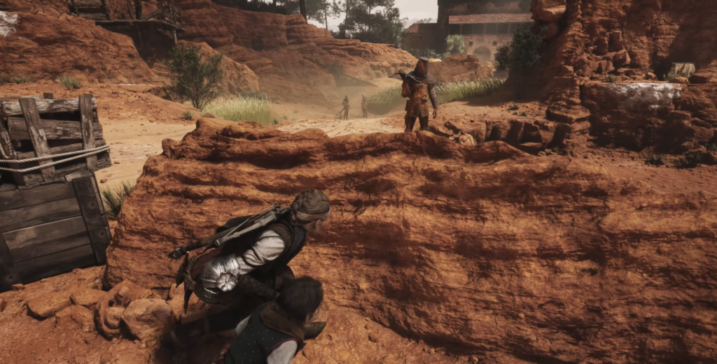 Arthur Morgan hiding behind rock, Red Dead Redemption.