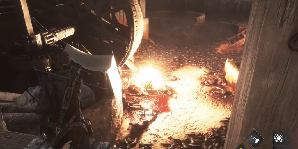 Kratos God of War near glowing campfire.