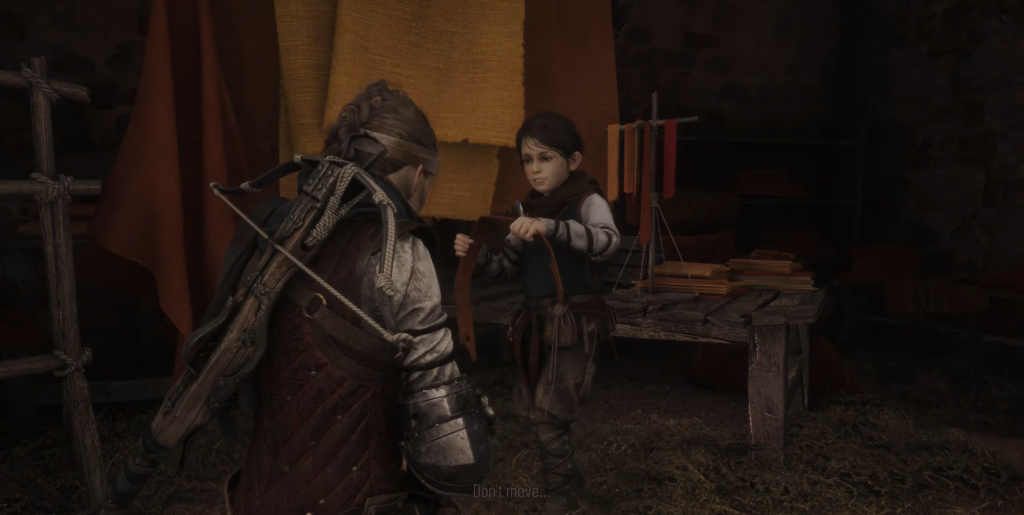 Amicia and Hugo talking in medieval setting.