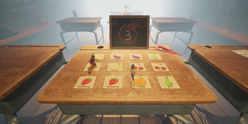 It Takes Two characters on fruit cards in classroom