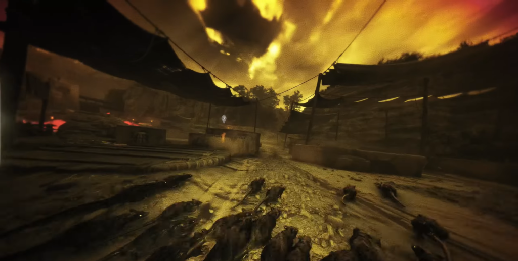 Rats swarming through apocalyptic landscape under orange sky.