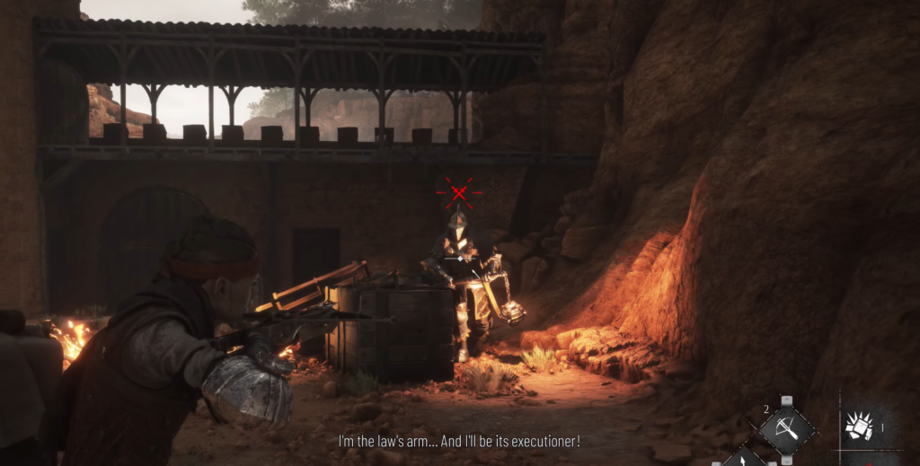 Outlaw aiming crossbow in medieval fortress setting.