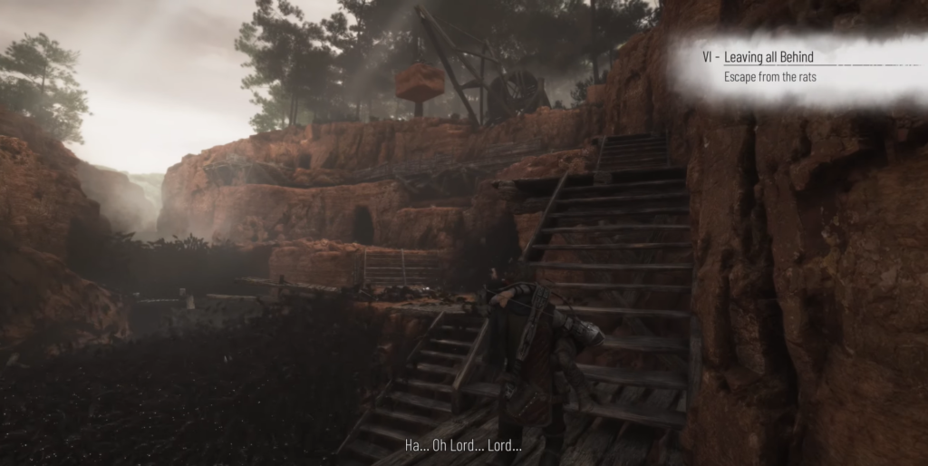 Character climbing stairs in rocky landscape.