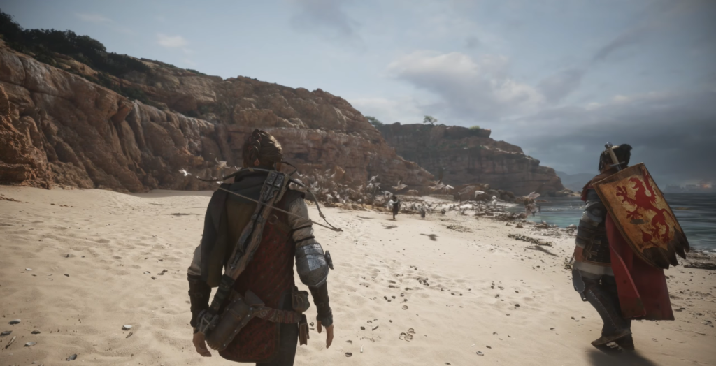 Amicia and knight walking on a sandy beach.