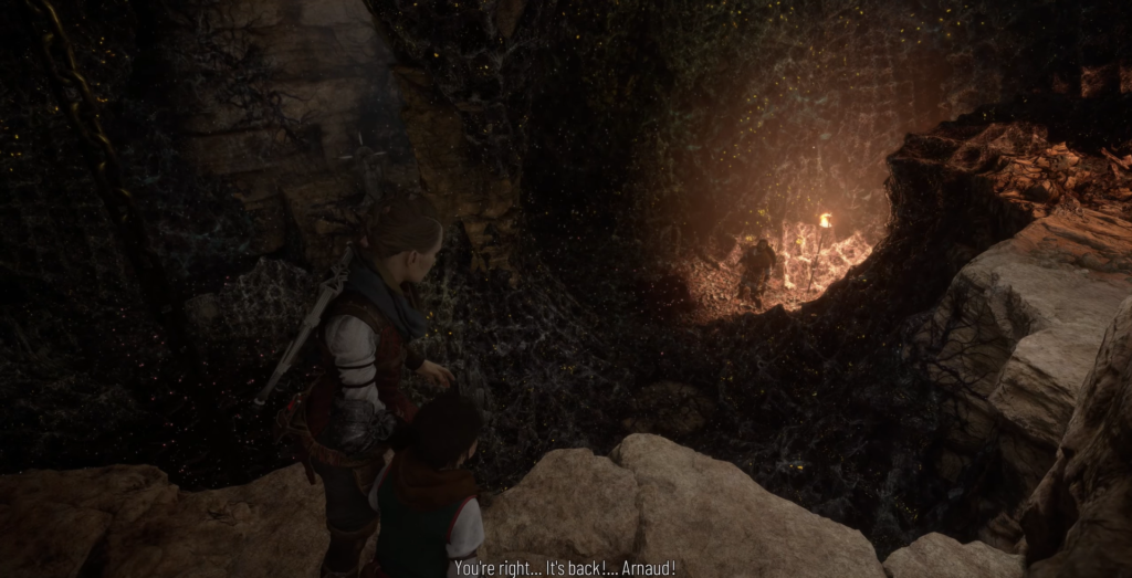 Amicia and Hugo observing cave in A Plague Tale.
