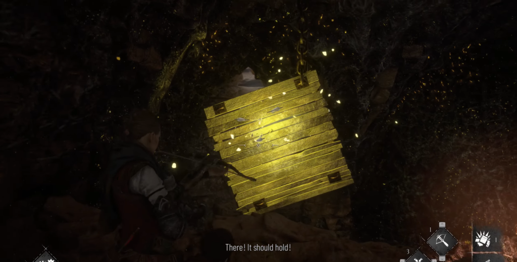 Amicia de Rune holding torch in dark cave.