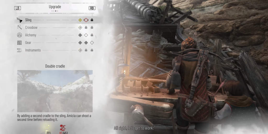 Amicia crafting at workbench in rocky setting.