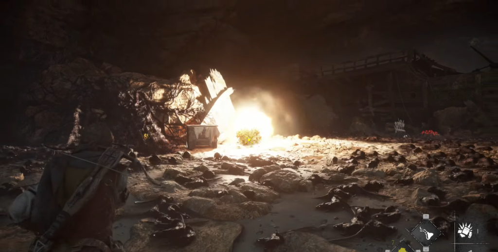 Geralt Witcher exploring cave with explosion.