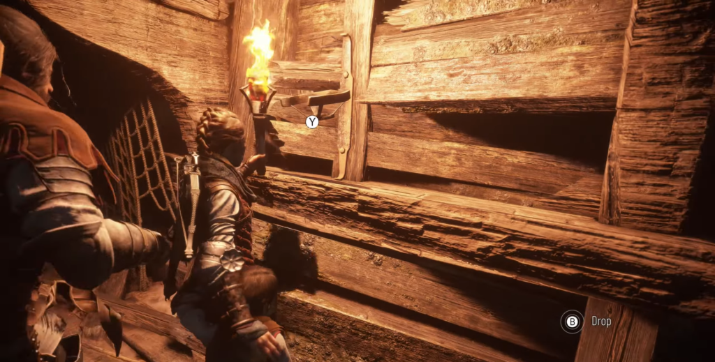 Amicia climbing wooden wall with torch, A Plague Tale.