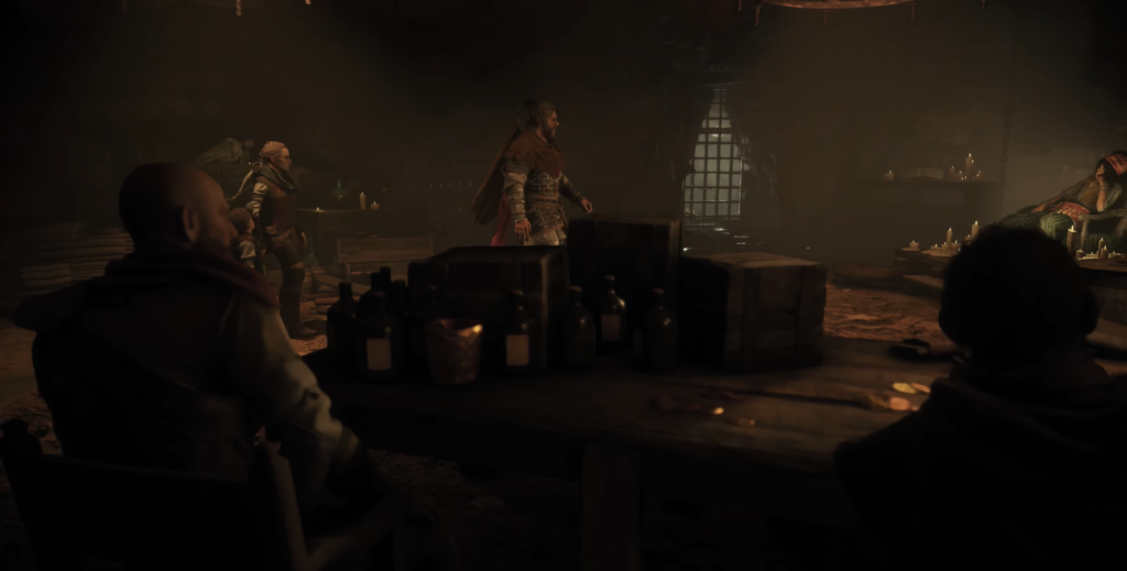 Kratos God of War standing in dim room.